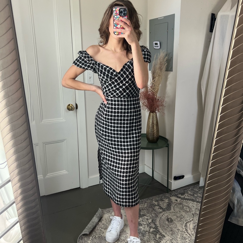 Finders Keepers Black and White Plaid Off-Shoulder Midi Dress